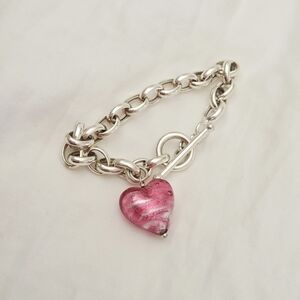 Sterling Silver Italy Pink Murano Venetian Glass Heart Charm Toggle 7.5 Bracelet